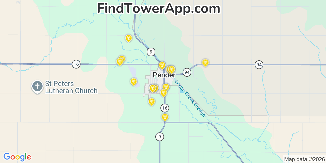 Map showing the 20 primary cell tower locations detected in Pender, Nebraska from AT&T, Verizon, and T-Mobile networks