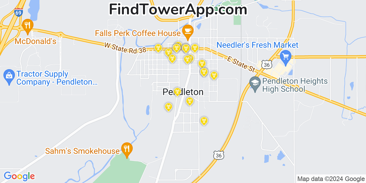 AT&T 4G/5G cell tower coverage map Pendleton, Indiana