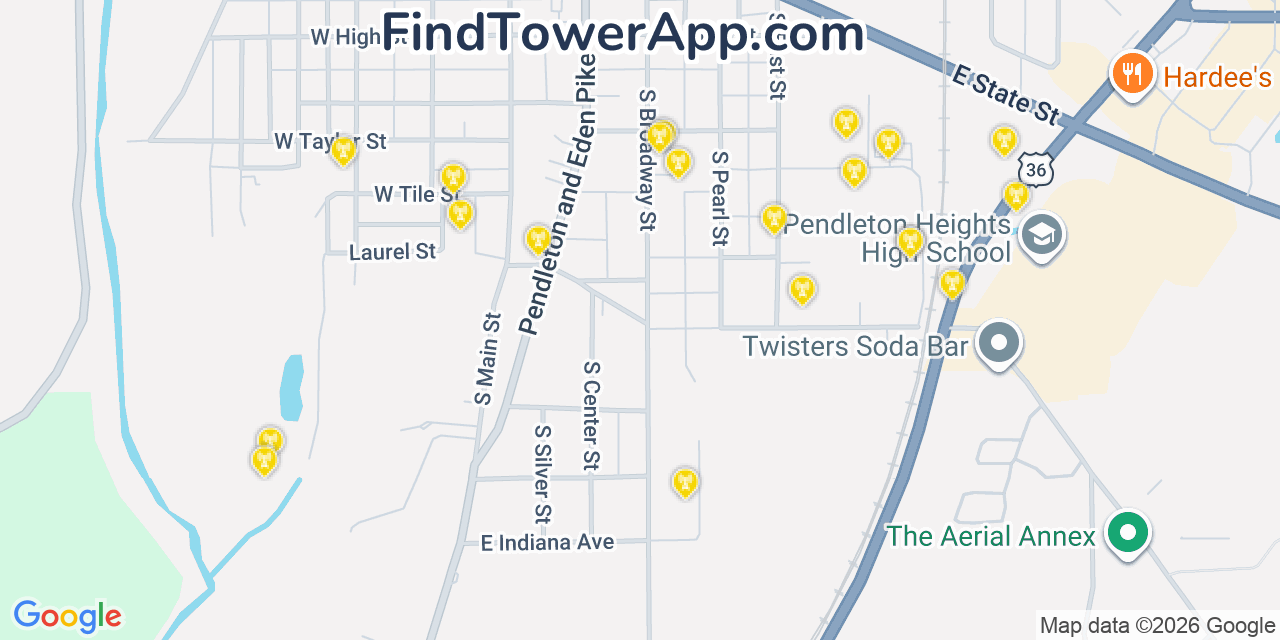 Map showing the 20 primary cell tower locations detected in Pendleton, Indiana from AT&T, Verizon, and T-Mobile networks