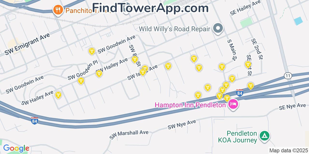 Map showing the 20 primary cell tower locations detected in Pendleton, Oregon from AT&T, Verizon, and T-Mobile networks