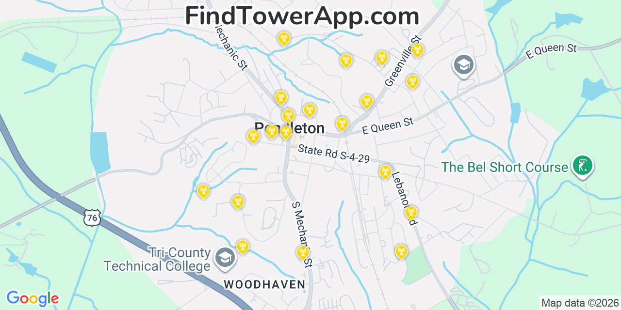 Map showing the 20 primary cell tower locations detected in Pendleton, South Carolina from AT&T, Verizon, and T-Mobile networks