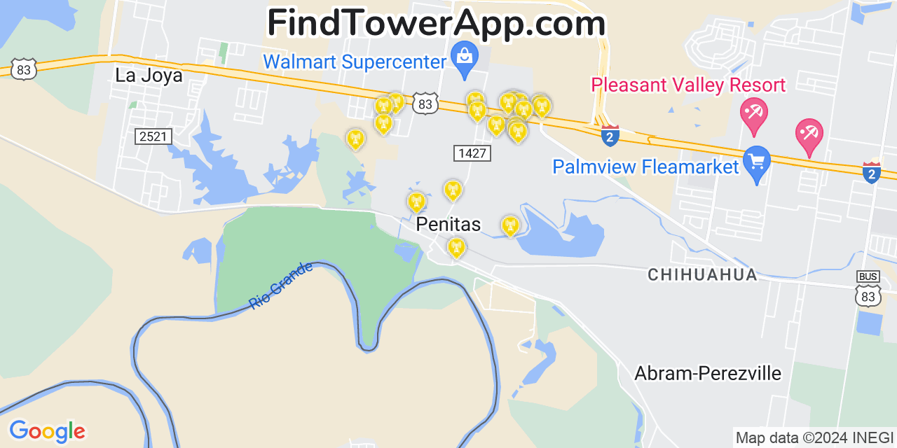 AT&T 4G/5G cell tower coverage map Penitas, Texas