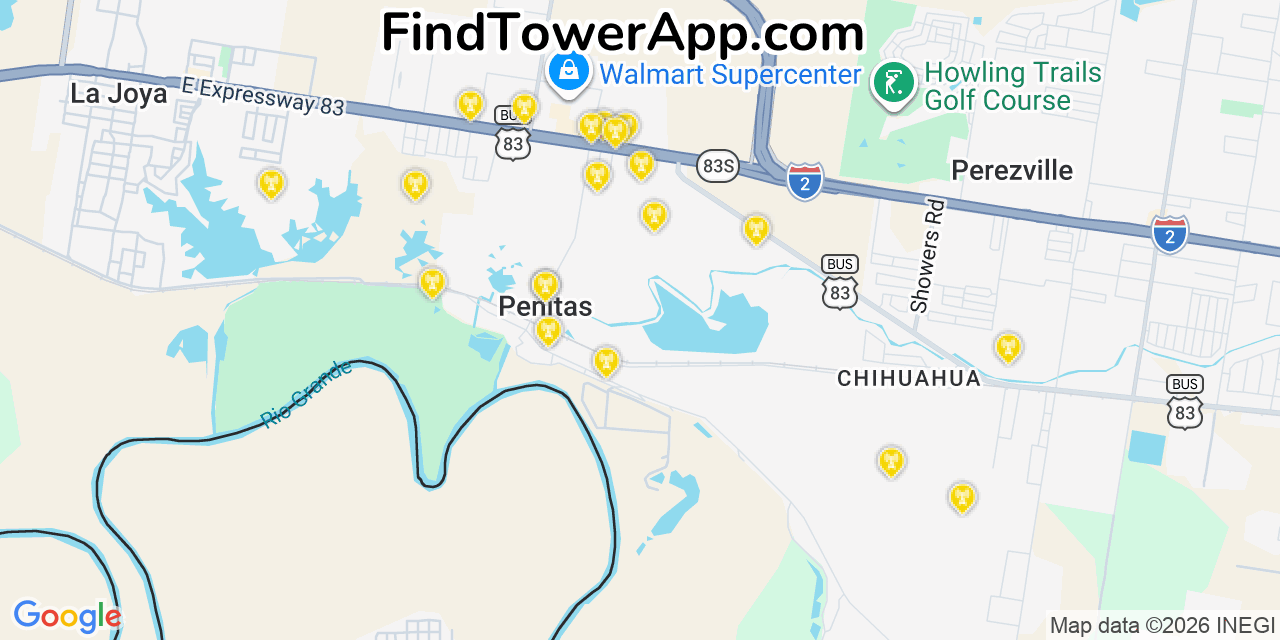 Map showing the 20 primary cell tower locations detected in Penitas, Texas from AT&T, Verizon, and T-Mobile networks