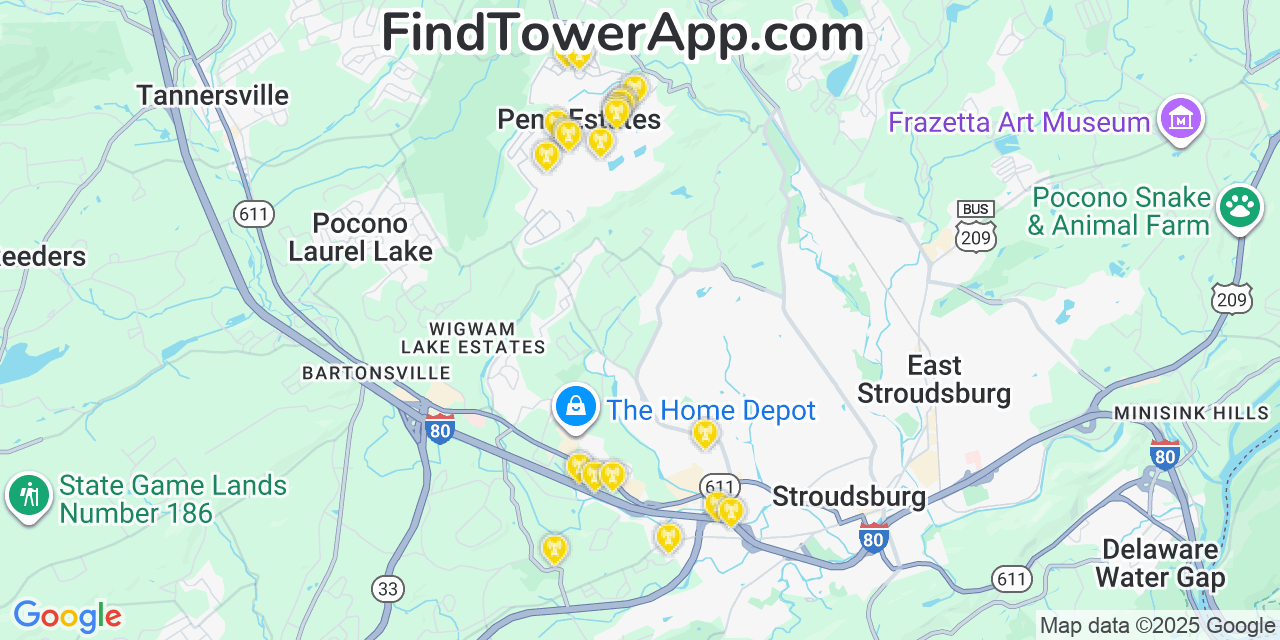Map showing the 20 primary cell tower locations detected in Penn Estates, Pennsylvania from AT&T, Verizon, and T-Mobile networks