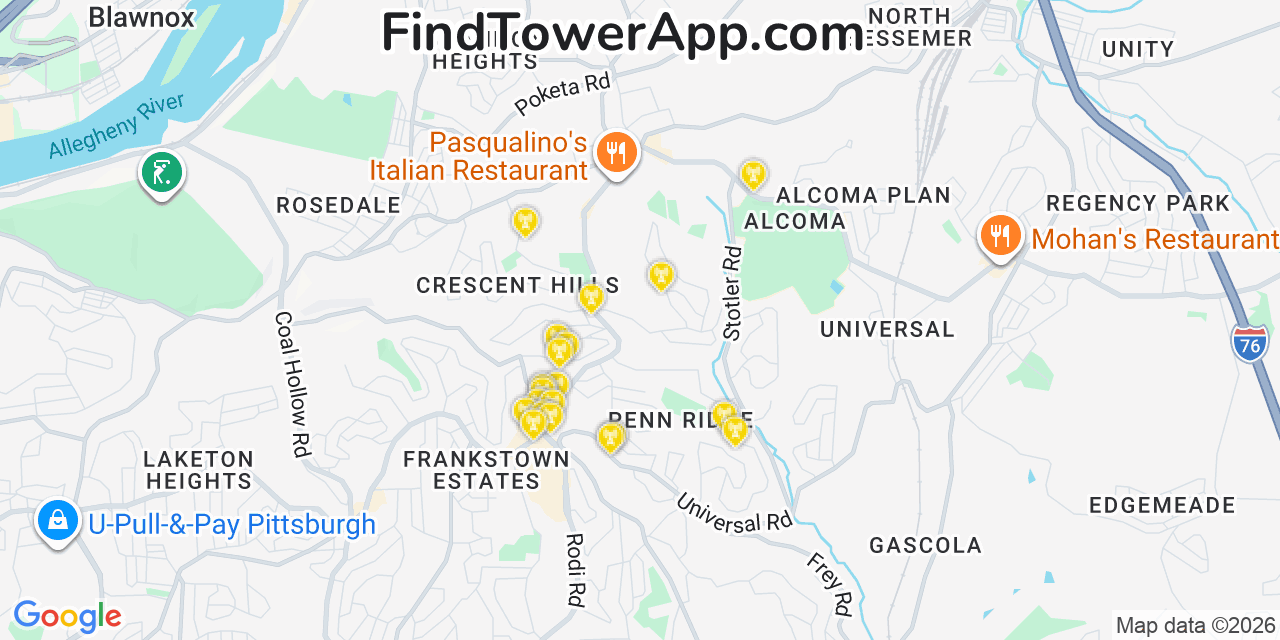 Map showing the 20 primary cell tower locations detected in Penn Hills, Pennsylvania from AT&T, Verizon, and T-Mobile networks