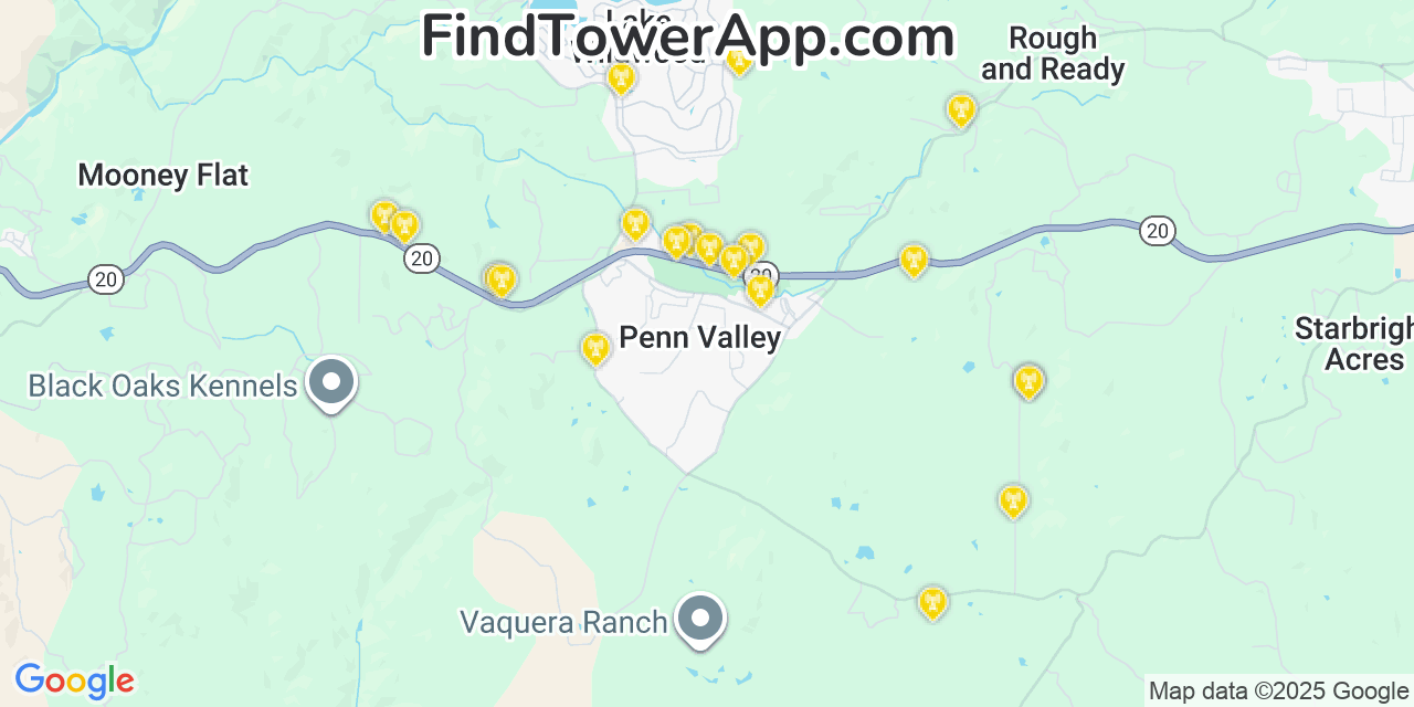 Map showing the 20 primary cell tower locations detected in Penn Valley, California from AT&T, Verizon, and T-Mobile networks
