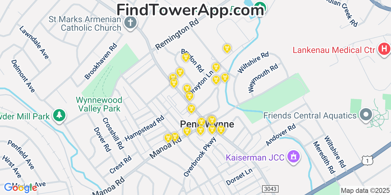 Map showing the 20 primary cell tower locations detected in Penn Wynne, Pennsylvania from AT&T, Verizon, and T-Mobile networks