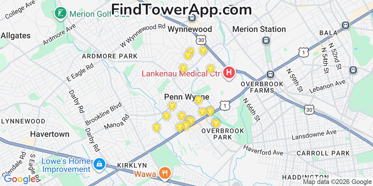Map showing the 20 primary cell tower locations detected in Penn Wynne, Pennsylvania from AT&T, Verizon, and T-Mobile networks