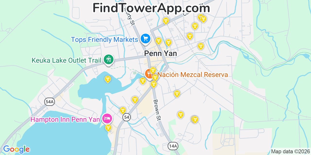 Map showing the 20 primary cell tower locations detected in Penn Yan, New York from AT&T, Verizon, and T-Mobile networks