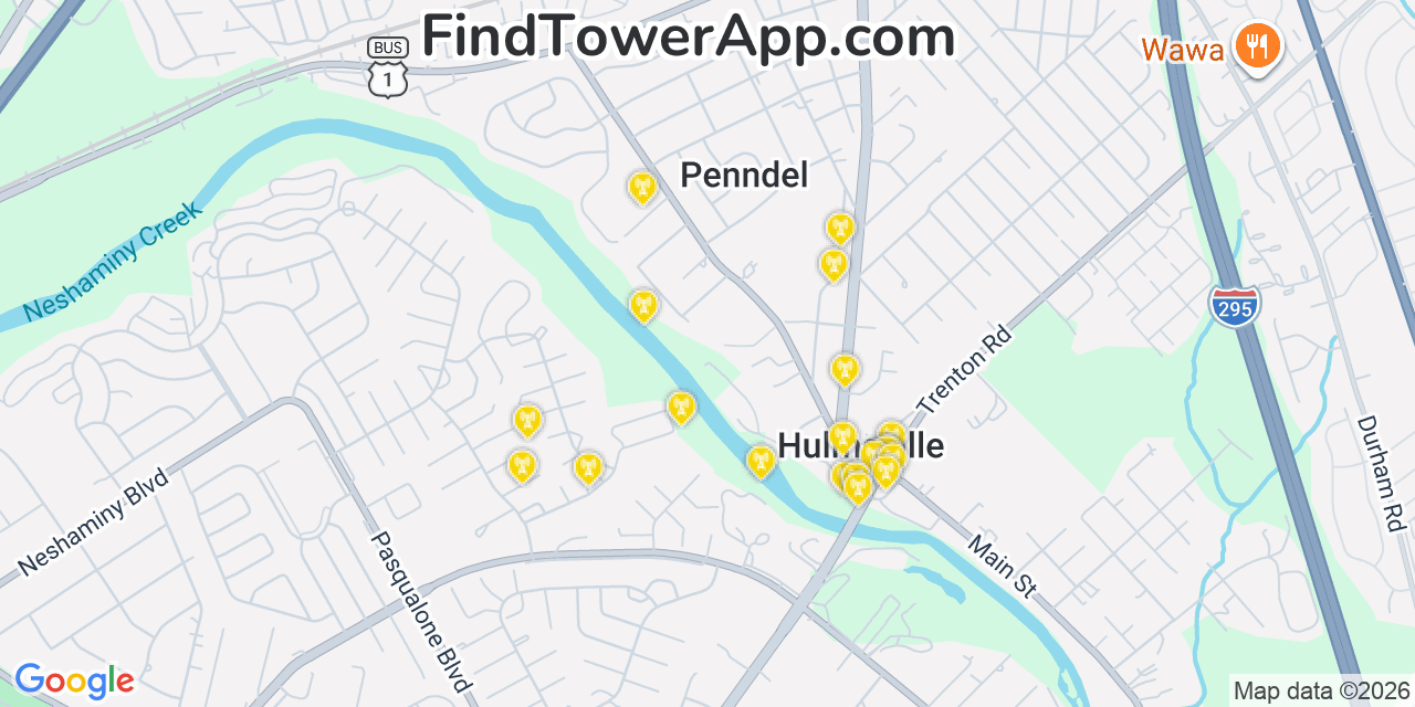 Map showing the 20 primary cell tower locations detected in Penndel, Pennsylvania from AT&T, Verizon, and T-Mobile networks