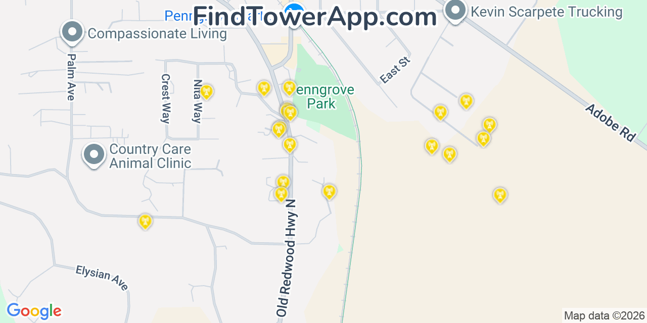 Map showing the 20 primary cell tower locations detected in Penngrove, California from AT&T, Verizon, and T-Mobile networks