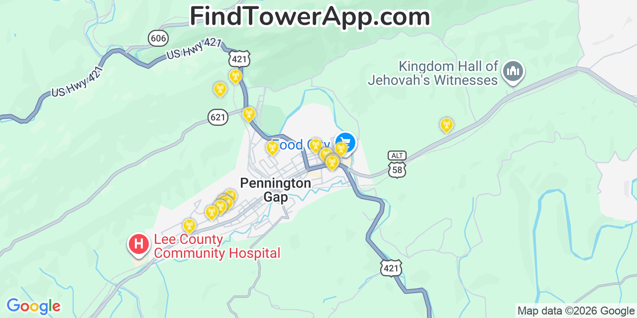 Map showing the 20 primary cell tower locations detected in Pennington Gap, Virginia from AT&T, Verizon, and T-Mobile networks