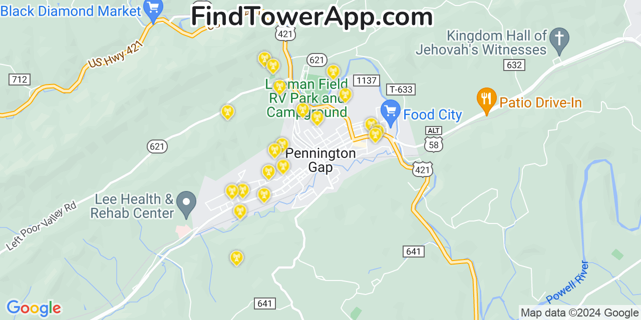 Verizon 4G/5G cell tower coverage map Pennington Gap, Virginia