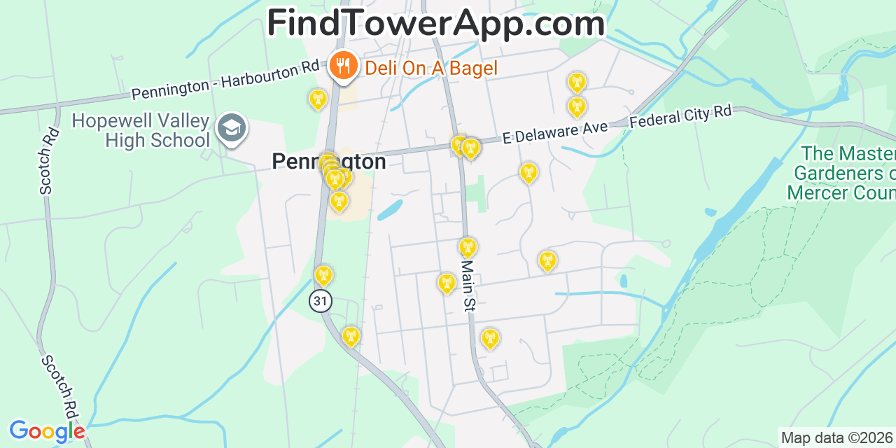 Map showing the 20 primary cell tower locations detected in Pennington, New Jersey from AT&T, Verizon, and T-Mobile networks