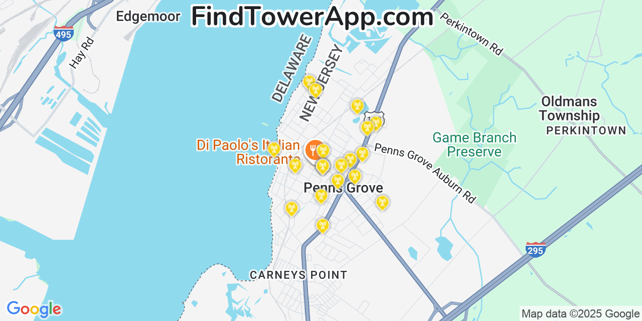 Map showing the 20 primary cell tower locations detected in Penns Grove, New Jersey from AT&T, Verizon, and T-Mobile networks