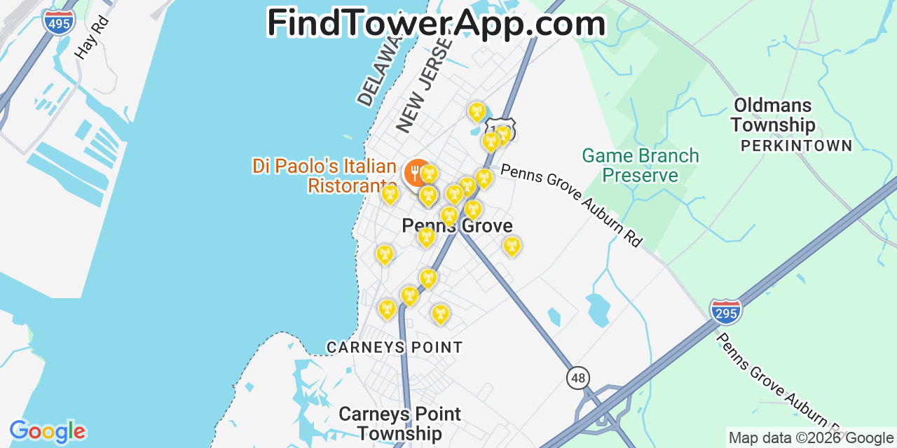 Map showing the 20 primary cell tower locations detected in Penns Grove, New Jersey from AT&T, Verizon, and T-Mobile networks