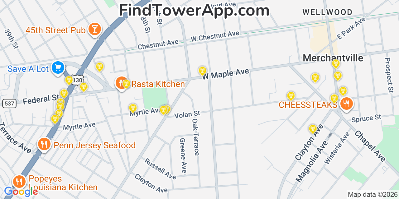 Map showing the 20 primary cell tower locations detected in Pennsauken, New Jersey from AT&T, Verizon, and T-Mobile networks