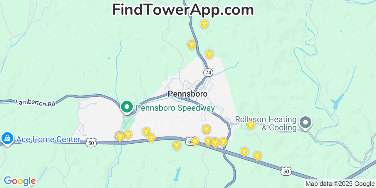 Map showing the 20 primary cell tower locations detected in Pennsboro, West Virginia from AT&T, Verizon, and T-Mobile networks