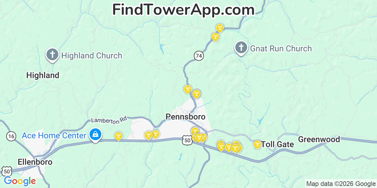 Map showing the 20 primary cell tower locations detected in Pennsboro, West Virginia from AT&T, Verizon, and T-Mobile networks