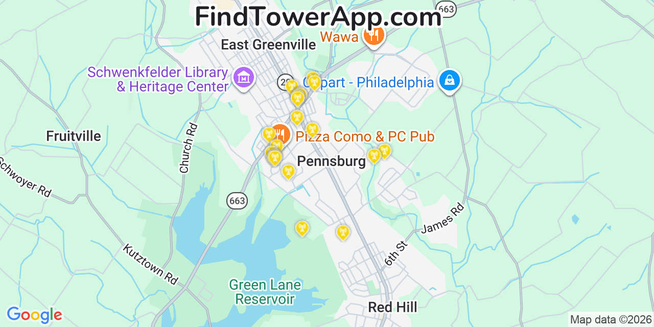Map showing the 20 primary cell tower locations detected in Pennsburg, Pennsylvania from AT&T, Verizon, and T-Mobile networks