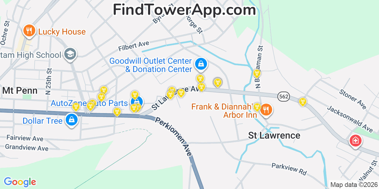 Map showing the 20 primary cell tower locations detected in Pennside, Pennsylvania from AT&T, Verizon, and T-Mobile networks