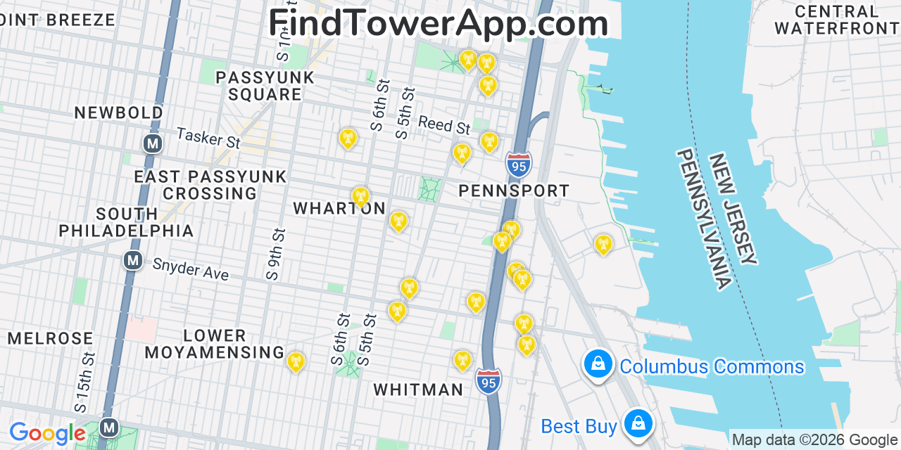 Map showing the 20 primary cell tower locations detected in Pennsport, Pennsylvania from AT&T, Verizon, and T-Mobile networks