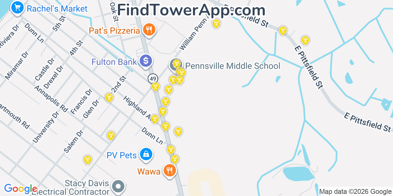 Map showing the 20 primary cell tower locations detected in Pennsville, New Jersey from AT&T, Verizon, and T-Mobile networks