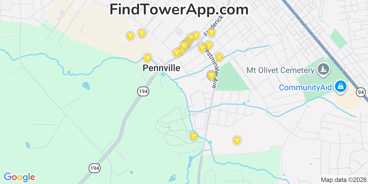Map showing the 20 primary cell tower locations detected in Pennville, Pennsylvania from AT&T, Verizon, and T-Mobile networks
