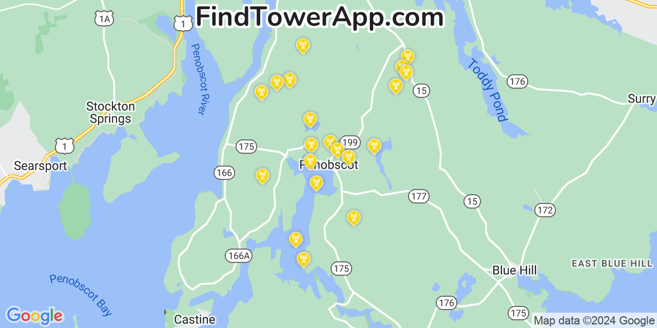 AT&T 4G/5G cell tower coverage map Penobscot, Maine