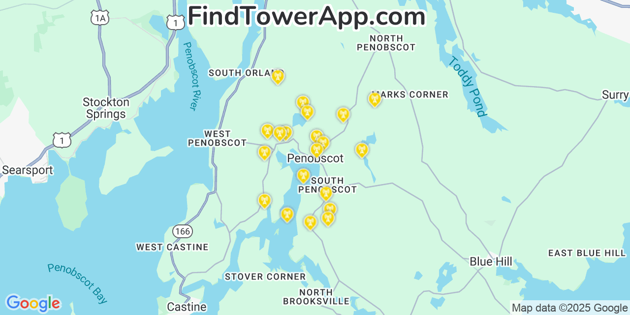 Map showing the 20 primary cell tower locations detected in Penobscot, Maine from AT&T, Verizon, and T-Mobile networks
