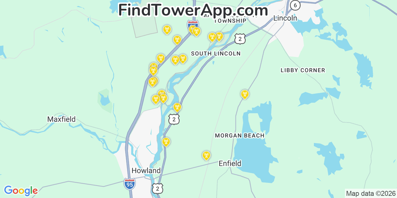 Map showing the 20 primary cell tower locations detected in Penobscot, Maine from AT&T, Verizon, and T-Mobile networks