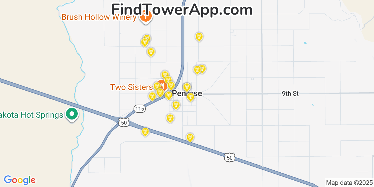 Map showing the 20 primary cell tower locations detected in Penrose, Colorado from AT&T, Verizon, and T-Mobile networks