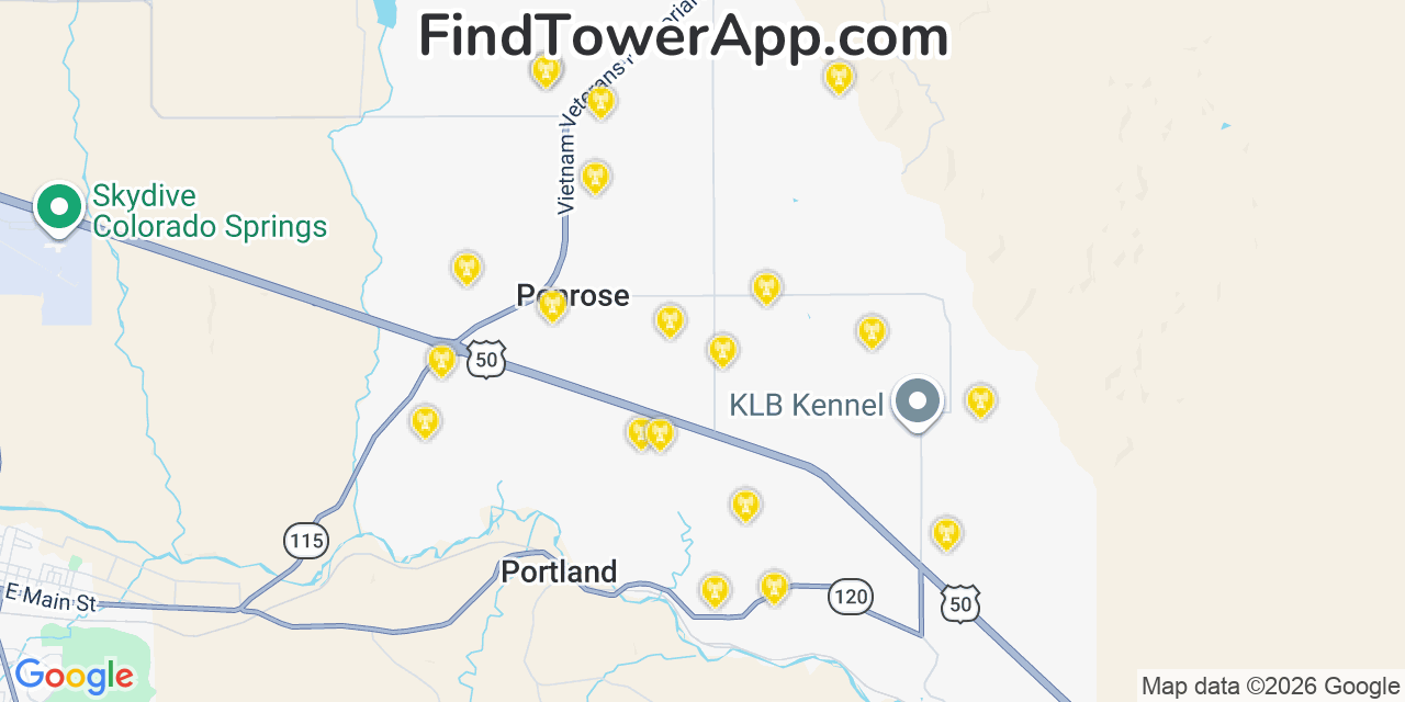 Map showing the 20 primary cell tower locations detected in Penrose, Colorado from AT&T, Verizon, and T-Mobile networks