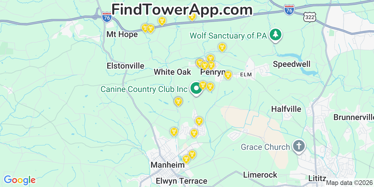 Map showing the 20 primary cell tower locations detected in Penryn, Pennsylvania from AT&T, Verizon, and T-Mobile networks