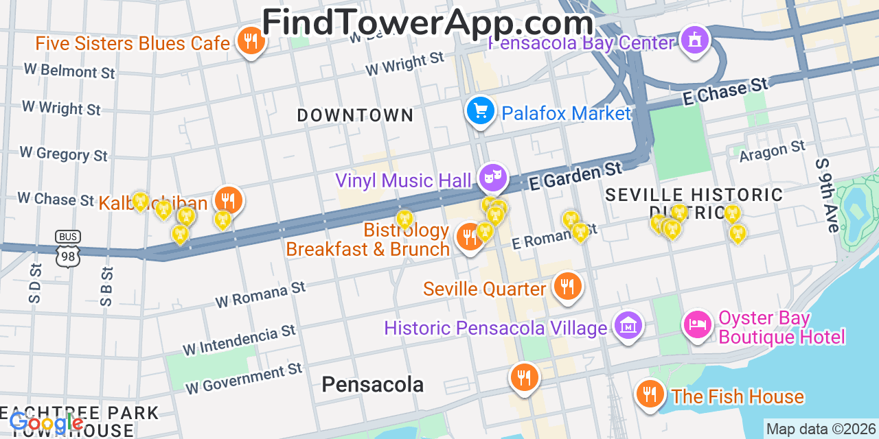Map showing the 20 primary cell tower locations detected in Pensacola, Florida from AT&T, Verizon, and T-Mobile networks