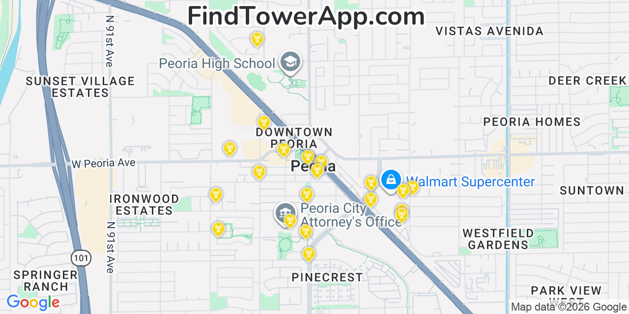 Map showing the 20 primary cell tower locations detected in Peoria, Arizona from AT&T, Verizon, and T-Mobile networks