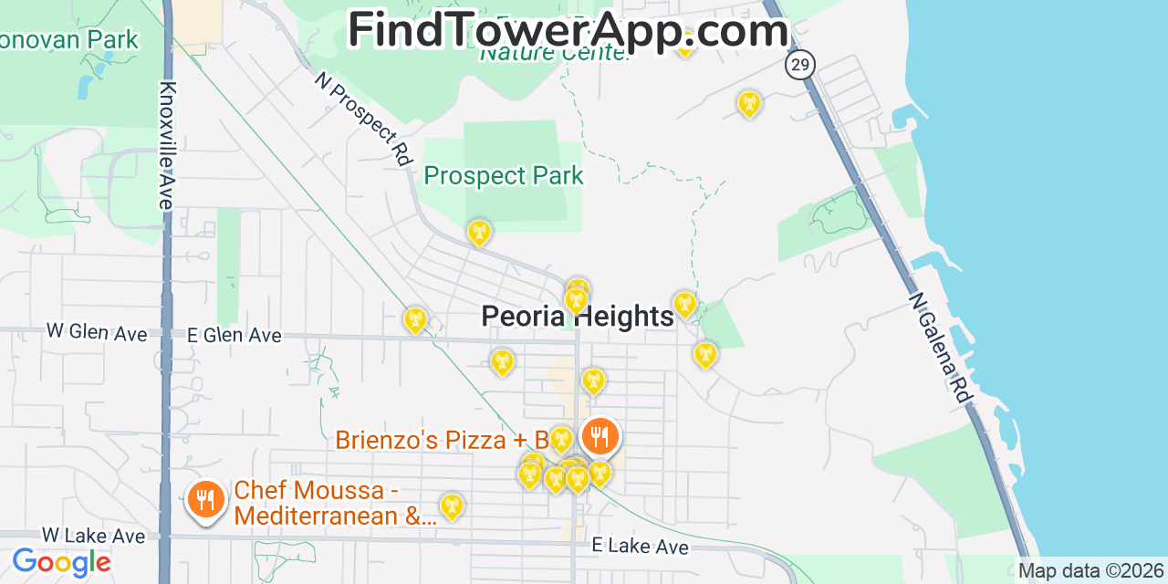 Map showing the 20 primary cell tower locations detected in Peoria Heights, Illinois from AT&T, Verizon, and T-Mobile networks