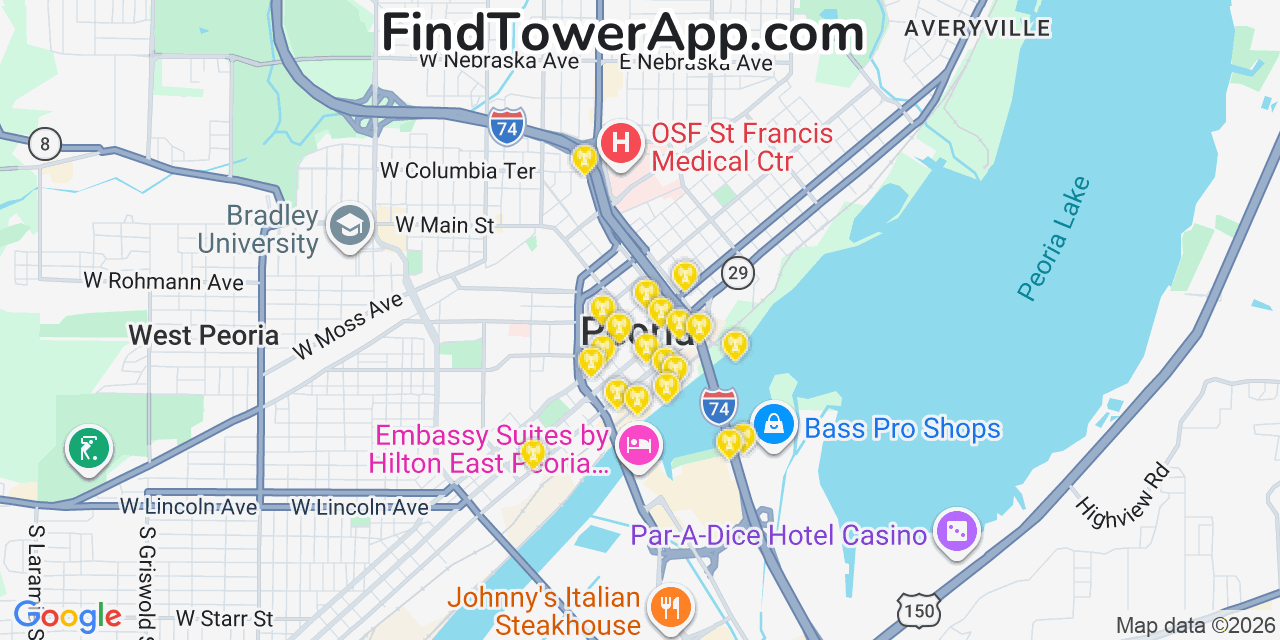 Map showing the 20 primary cell tower locations detected in Peoria, Illinois from AT&T, Verizon, and T-Mobile networks