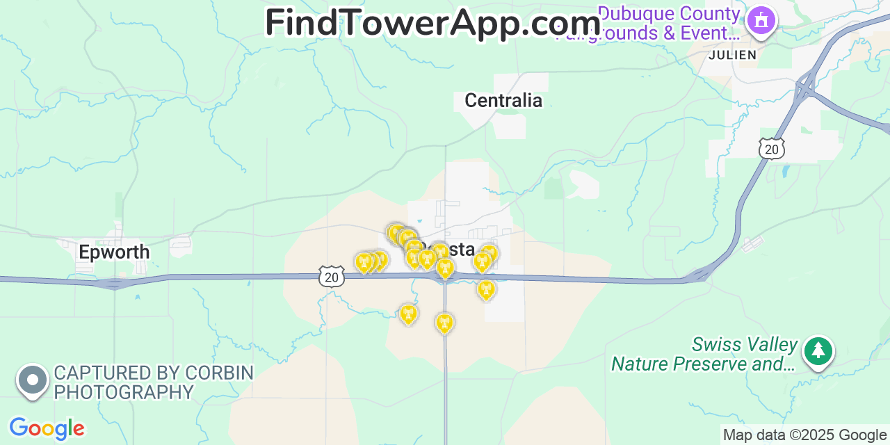 Map showing the 20 primary cell tower locations detected in Peosta, Iowa from AT&T, Verizon, and T-Mobile networks