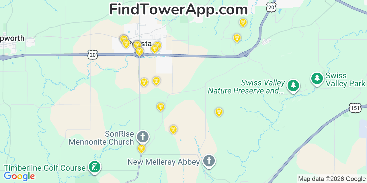 Map showing the 20 primary cell tower locations detected in Peosta, Iowa from AT&T, Verizon, and T-Mobile networks