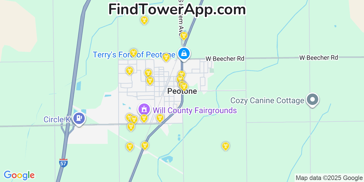 Map showing the 20 primary cell tower locations detected in Peotone, Illinois from AT&T, Verizon, and T-Mobile networks