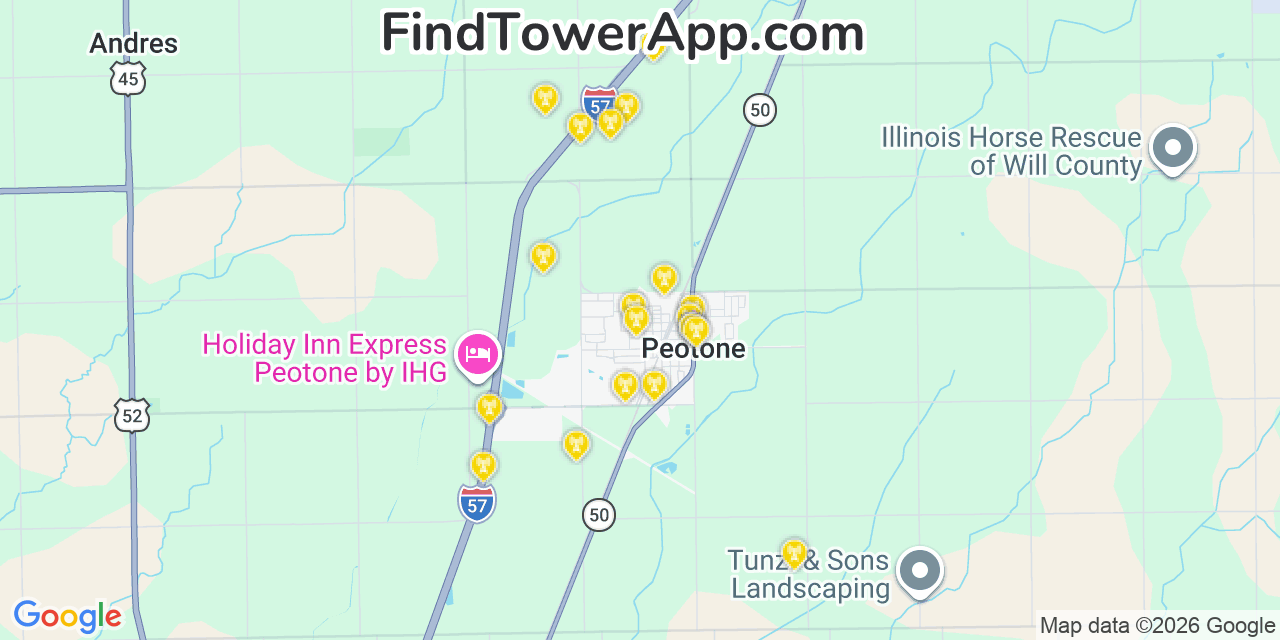 Map showing the 20 primary cell tower locations detected in Peotone, Illinois from AT&T, Verizon, and T-Mobile networks