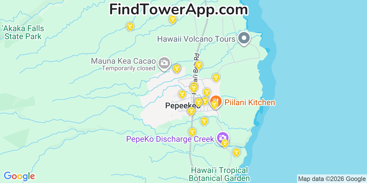 Map showing the 20 primary cell tower locations detected in Pepeekeo, Hawaii from AT&T, Verizon, and T-Mobile networks