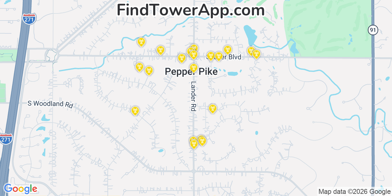 Map showing the 20 primary cell tower locations detected in Pepper Pike, Ohio from AT&T, Verizon, and T-Mobile networks
