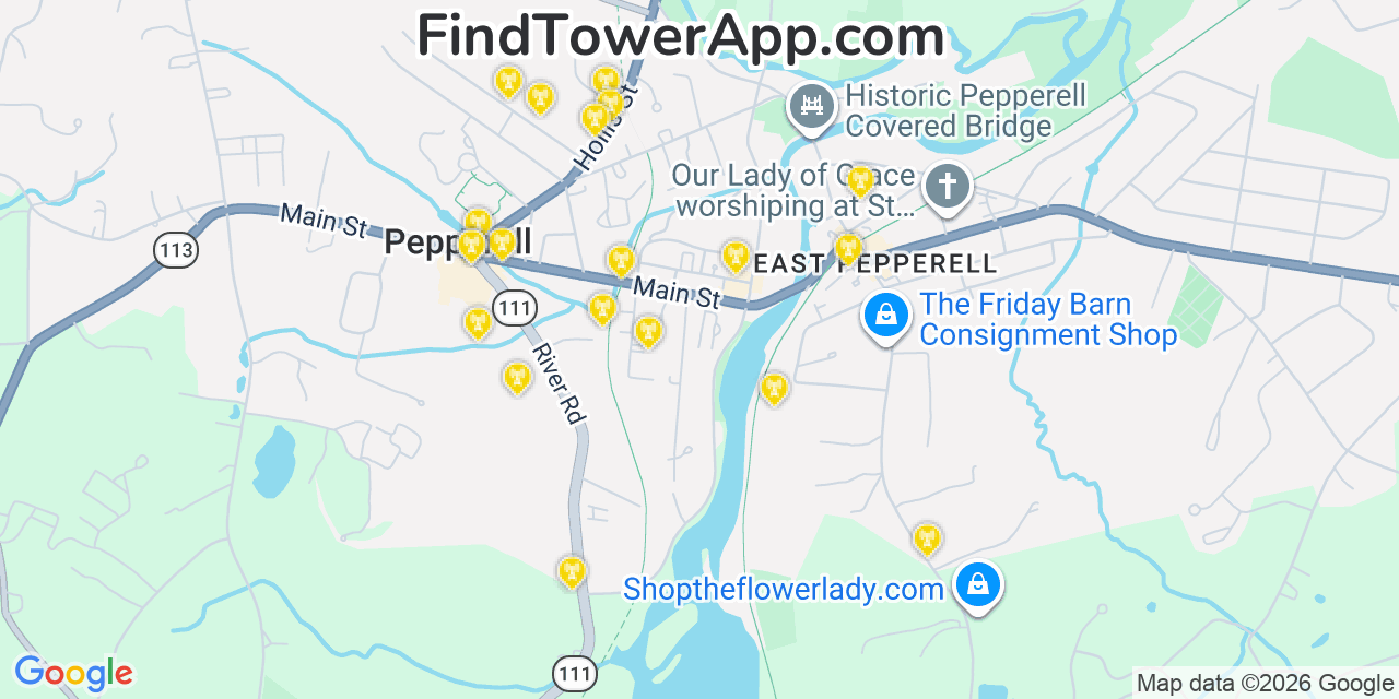 Map showing the 20 primary cell tower locations detected in Pepperell, Massachusetts from AT&T, Verizon, and T-Mobile networks