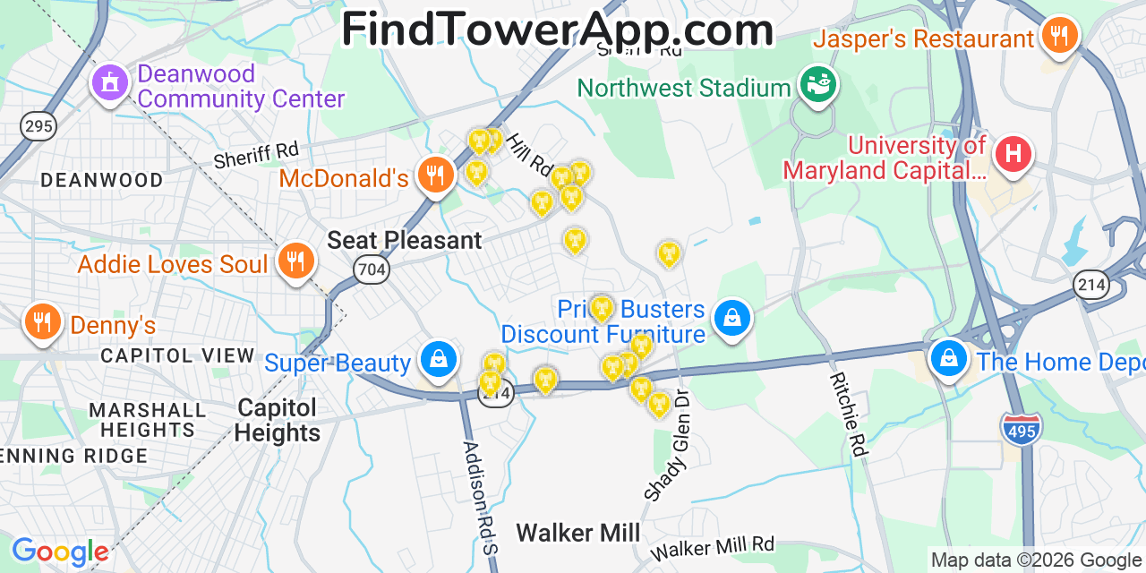 Map showing the 20 primary cell tower locations detected in Peppermill Village, Maryland from AT&T, Verizon, and T-Mobile networks