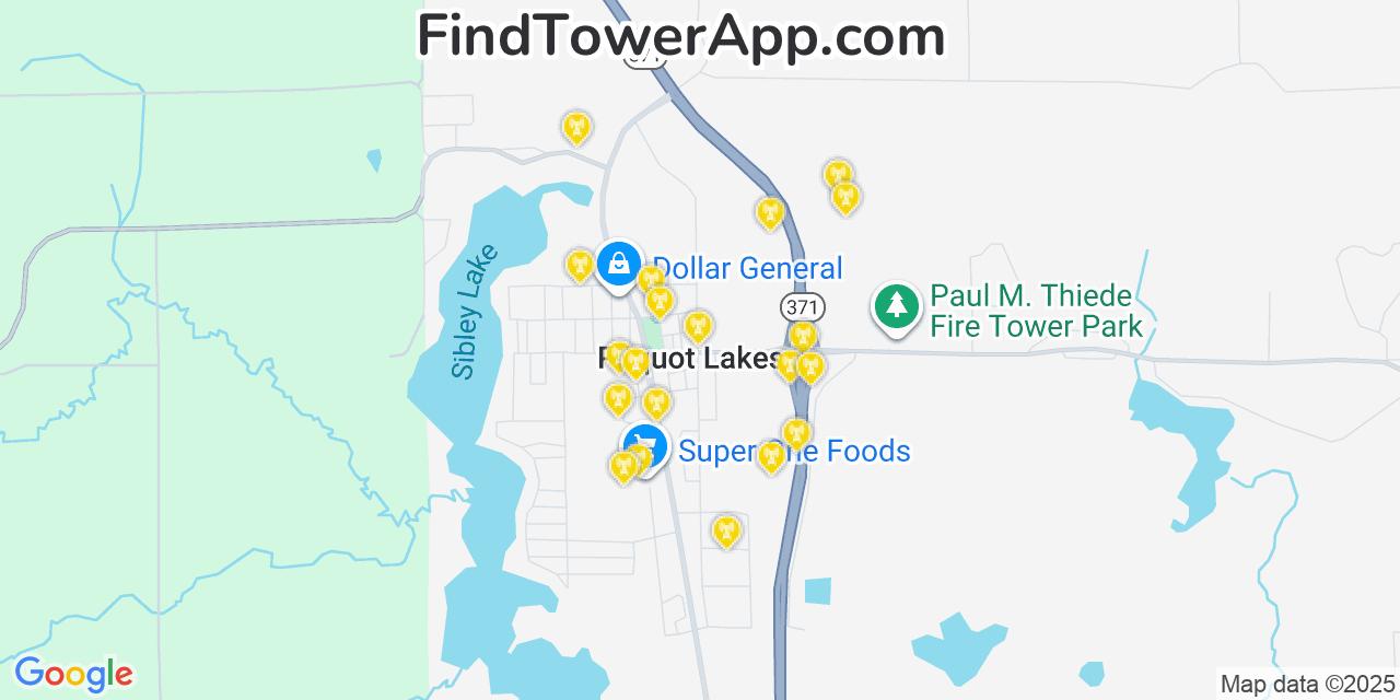 Map showing the 20 primary cell tower locations detected in Pequot Lakes, Minnesota from AT&T, Verizon, and T-Mobile networks
