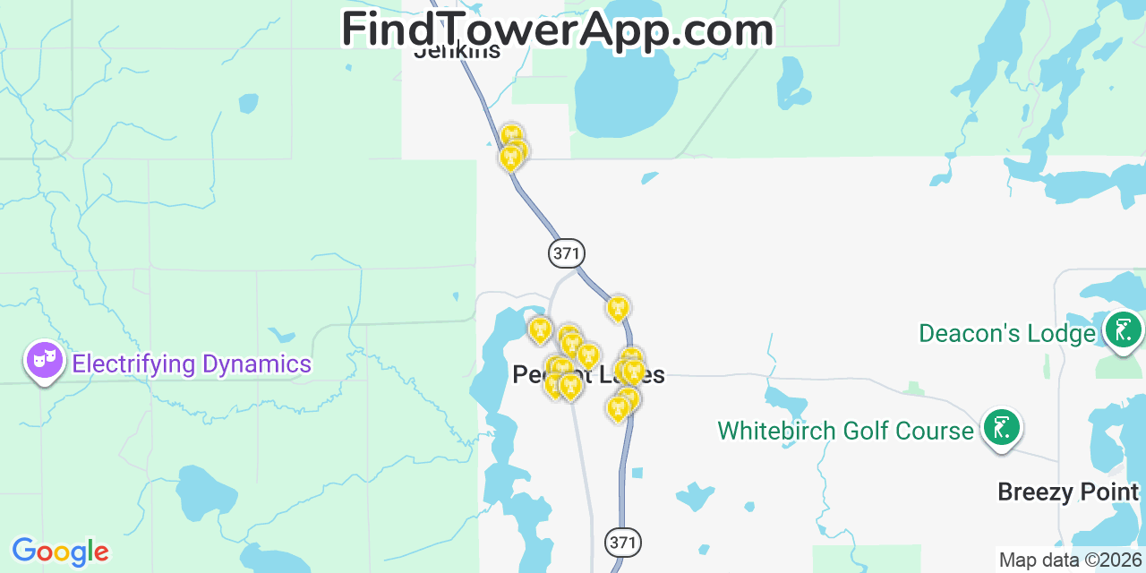 Map showing the 20 primary cell tower locations detected in Pequot Lakes, Minnesota from AT&T, Verizon, and T-Mobile networks