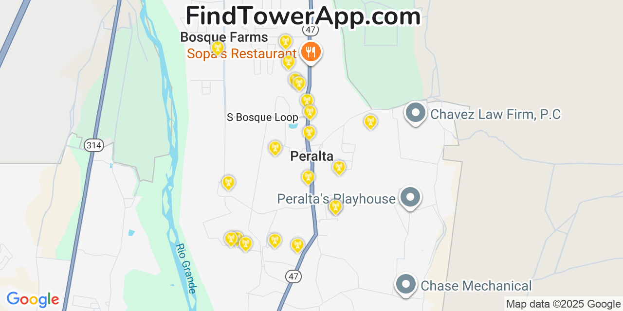 Map showing the 20 primary cell tower locations detected in Peralta, New Mexico from AT&T, Verizon, and T-Mobile networks