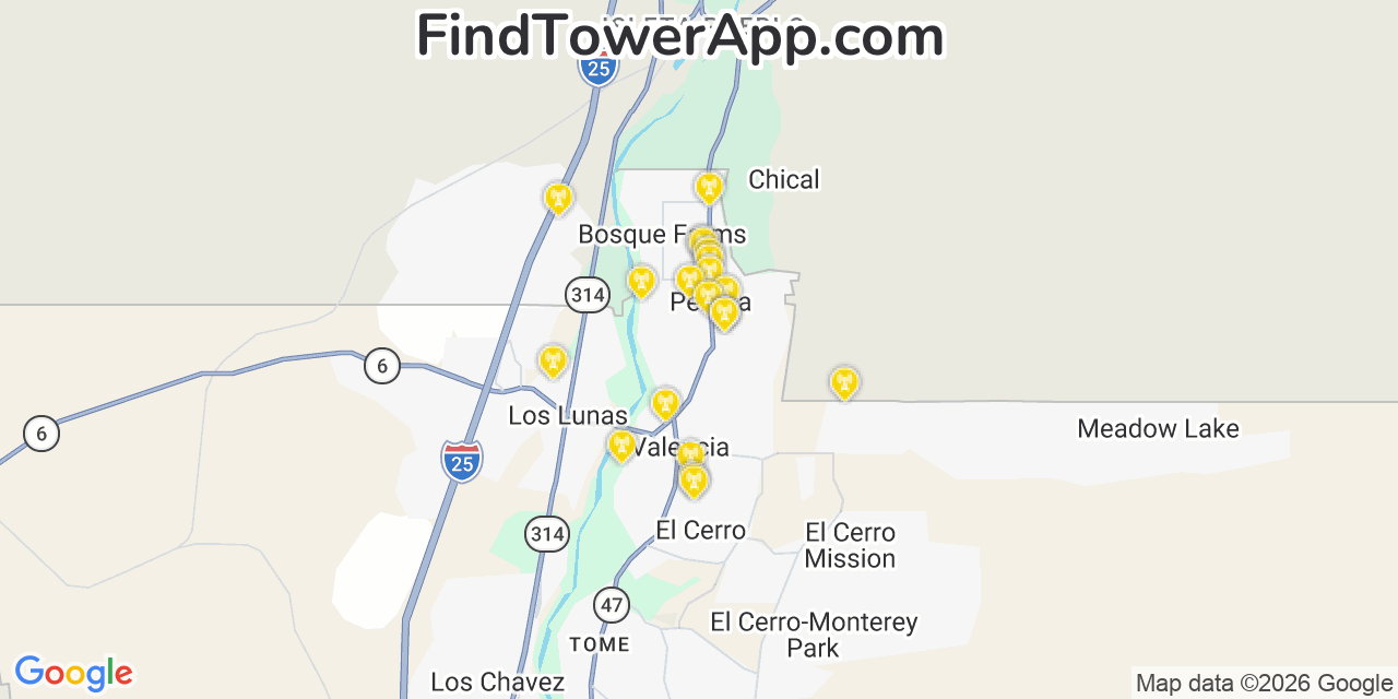 Map showing the 20 primary cell tower locations detected in Peralta, New Mexico from AT&T, Verizon, and T-Mobile networks